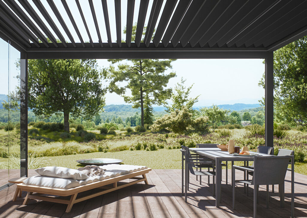 Lamellen-Pergola mit Sonnenschutz auf Terrasse – stilvolle Outdoor-Lösung von INSEKTOR am Bodensee