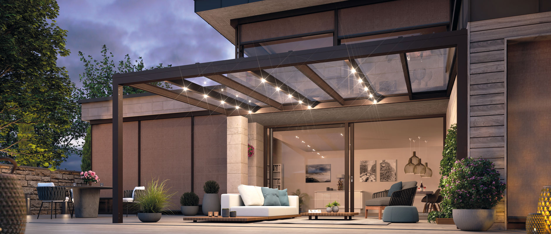 Stilvolles Glasdachsystem mit integriertem Markisensystem für Terrasse und Garten. Hochwertiger Sonnen- und Wetterschutz von INSEKTOR – maßgefertigt für Kunden am Bodensee und in Schaffhausen.